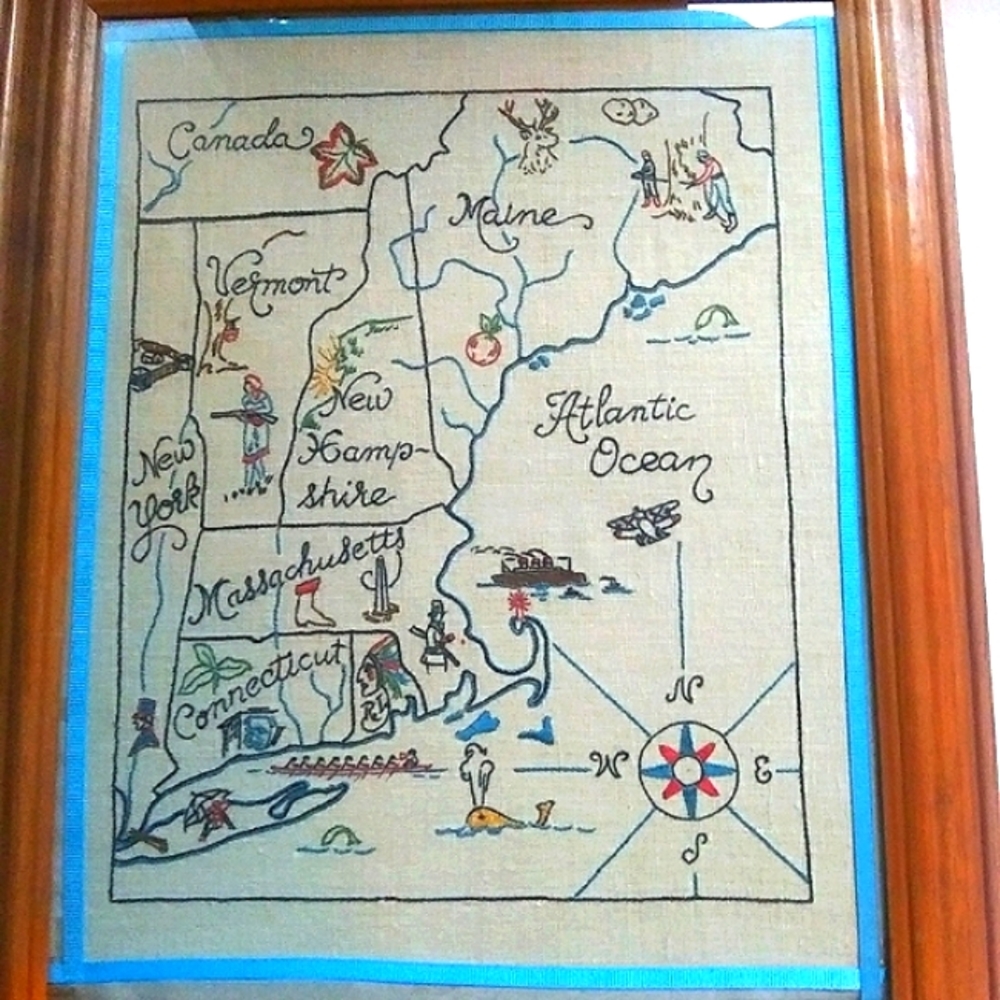 Vintage Embroidered New England map Dated 1939 map